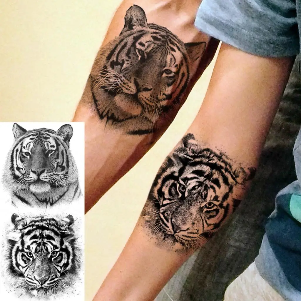 3D Черен Тигър Рози Цвете Временни Татуировки За Жени на Възрастни Мъже Реалистични Черни Животни Фалшиви Татуировки Лъв Предмишницата Пере Татуировки Изображение 5