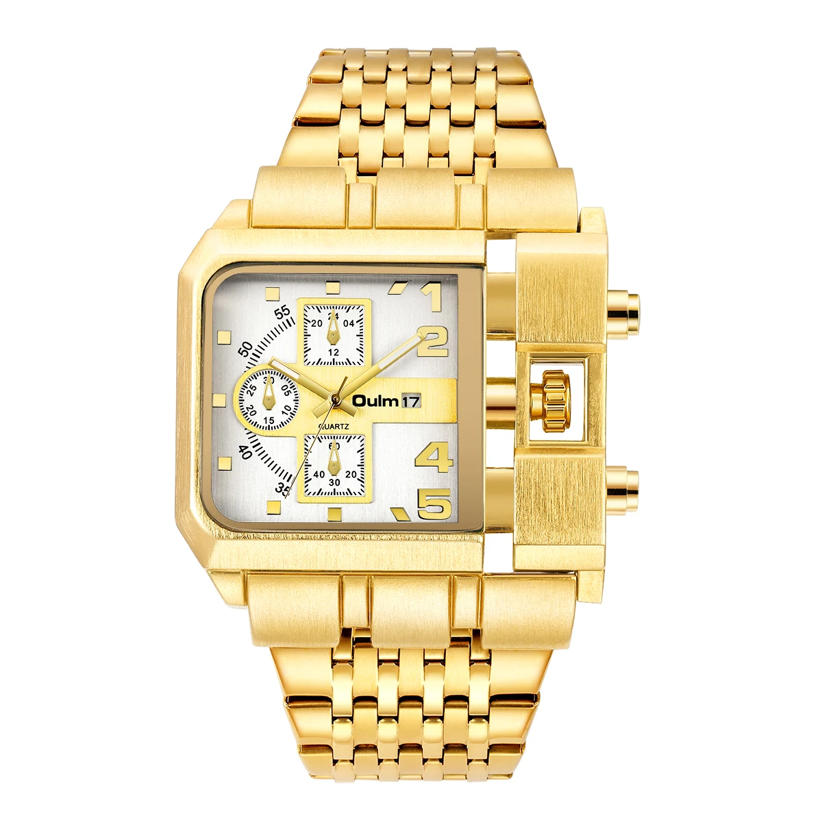 Златни луксозни кварцов мъжки часовник Oulm с каишка от неръждаема стомана часовник с функция календар Елегантен Квадратен циферблат 2021New Изображение 1