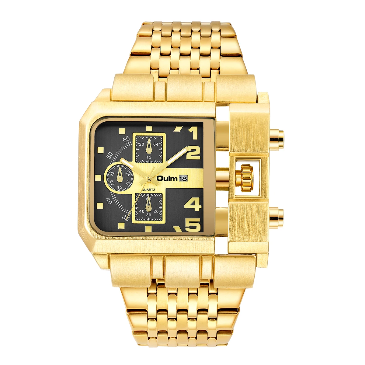 Златни луксозни кварцов мъжки часовник Oulm с каишка от неръждаема стомана часовник с функция календар Елегантен Квадратен циферблат 2021New Изображение 2
