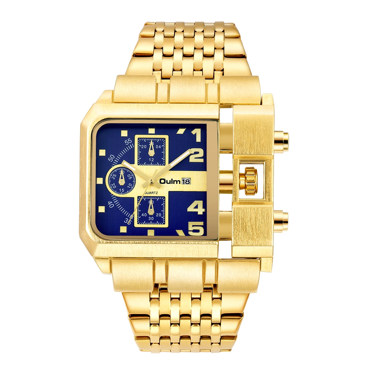 Златни луксозни кварцов мъжки часовник Oulm с каишка от неръждаема стомана часовник с функция календар Елегантен Квадратен циферблат 2021New Изображение 3