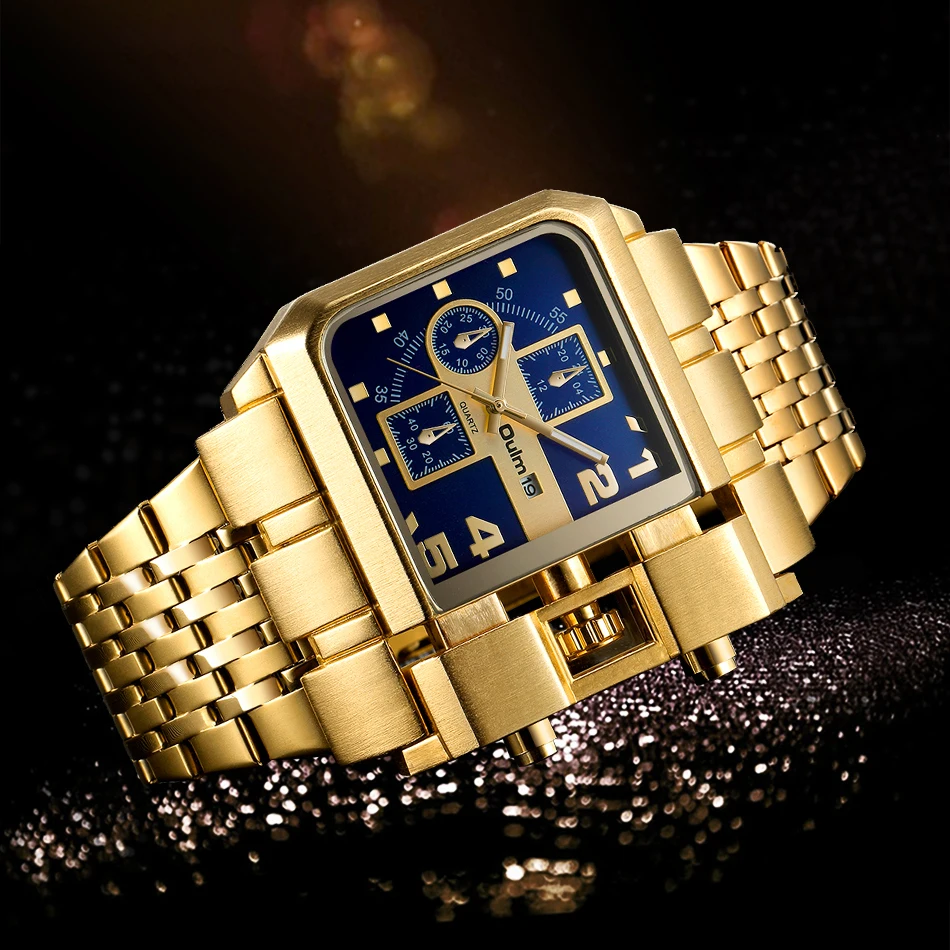 Златни луксозни кварцов мъжки часовник Oulm с каишка от неръждаема стомана часовник с функция календар Елегантен Квадратен циферблат 2021New Изображение 4