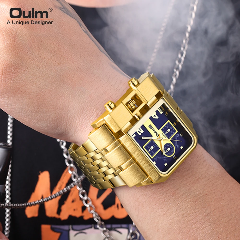 Златни луксозни кварцов мъжки часовник Oulm с каишка от неръждаема стомана часовник с функция календар Елегантен Квадратен циферблат 2021New Изображение 5
