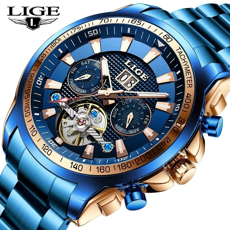 LIGE Сапфирен кристал Автоматични часовници За мъже на Най-добрата марка на Луксозни Напълно Стоманени Спортни Механични Часовници Модни 100 м Водоустойчив Мъжки часовник Изображение 1