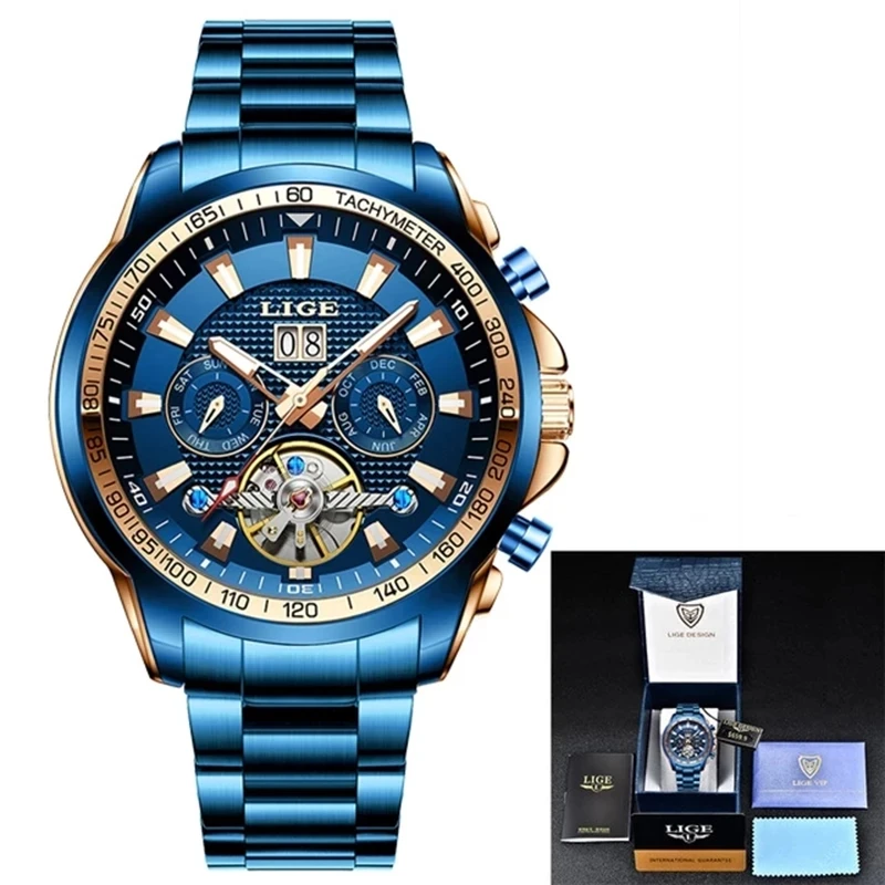 LIGE Сапфирен кристал Автоматични часовници За мъже на Най-добрата марка на Луксозни Напълно Стоманени Спортни Механични Часовници Модни 100 м Водоустойчив Мъжки часовник Изображение 2