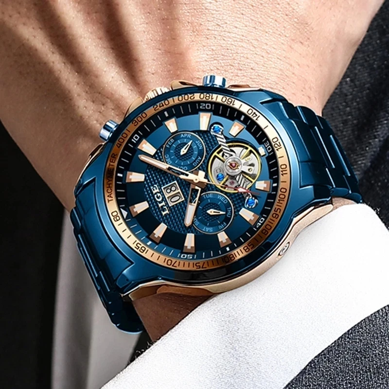 LIGE Сапфирен кристал Автоматични часовници За мъже на Най-добрата марка на Луксозни Напълно Стоманени Спортни Механични Часовници Модни 100 м Водоустойчив Мъжки часовник Изображение 3