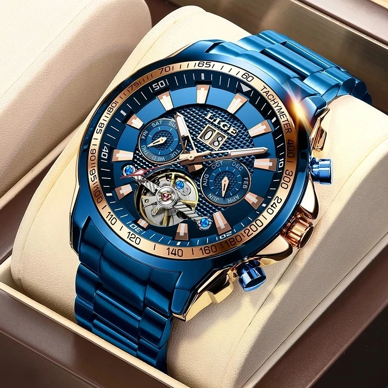 LIGE Сапфирен кристал Автоматични часовници За мъже на Най-добрата марка на Луксозни Напълно Стоманени Спортни Механични Часовници Модни 100 м Водоустойчив Мъжки часовник Изображение 4