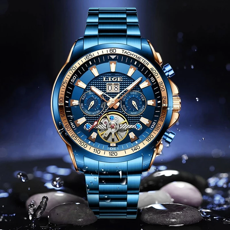 LIGE Сапфирен кристал Автоматични часовници За мъже на Най-добрата марка на Луксозни Напълно Стоманени Спортни Механични Часовници Модни 100 м Водоустойчив Мъжки часовник Изображение 5