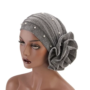 Модерни дамски шапки за коса мюсюлмански блестящ тюрбан от мъниста, Индийски капачка, голямо цвете, превръзка на главата, Маски за коса, Аксесоари за подреждане 1