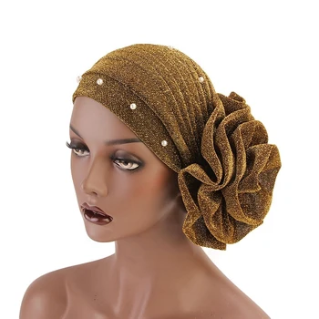 Модерни дамски шапки за коса мюсюлмански блестящ тюрбан от мъниста, Индийски капачка, голямо цвете, превръзка на главата, Маски за коса, Аксесоари за подреждане 2