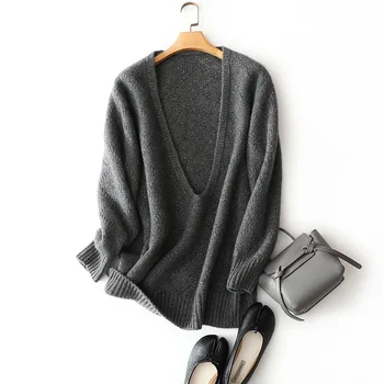 2021 франция стилове на кашмир sweaters с дълбоко v-образно деколте дамски плетени калъф за есен-зима шик извънгабаритни пуловери женски топло трико