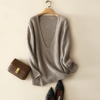 2021 франция стилове на кашмир sweaters с дълбоко v-образно деколте дамски плетени калъф за есен-зима шик извънгабаритни пуловери женски топло трико 2