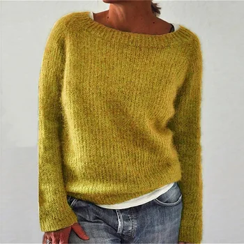 Случайни пуловер с кръгло деколте и дълги ръкави Обикновен черен син лилав зелен жълт вязаный жилетка pollover 2021 2