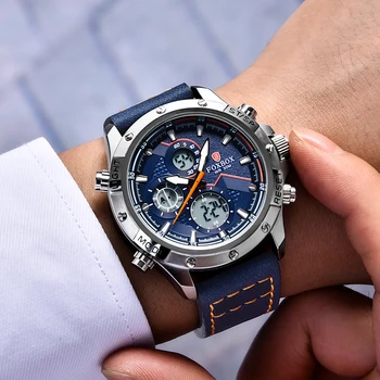 2022 Нови Мъжки часовници с двоен Дисплей Луксозни Спортни Водоустойчив Кварцов механизъм, Електронни Часовници за мъже Модни кожени Светещи Хронограф 1