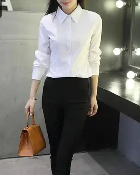 Риза Дамски Пролетно-летни блузи Ризи с копчета Корейски работни блузи с дълъг ръкав, с Тънки ревери офис блуза Бял Топ Blusas Mujer 2