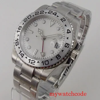40 мм Автоматичен часовник GMT За мъже Стерилен Бял циферблат Дата Въртящи Bezel Гривна Oyster-стридата Bezel Поставяне Сапфирен кристал