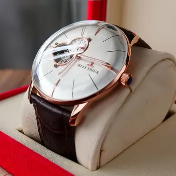 Новите часовници Reef Тигър/RT Луксозни от розово злато Мъжки Автоматично механични часовници с турбийоном с кафява кожена каишка на RGA8239 2