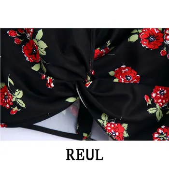 REUL Мода 2021 Za За жени навързани на възли Черен с флорални принтом жилетка Блузи Реколта За образно деколте с дълъг ръкав Женски комплект Ризи, шикозни блузи 1