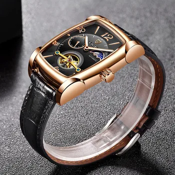 LIGE Мъжки Механични часовници с турбийоном Автоматични часовници за мъже, Бизнес, Спортни Ръчни часовници Светещи Водоустойчив Часовник на кожени колана