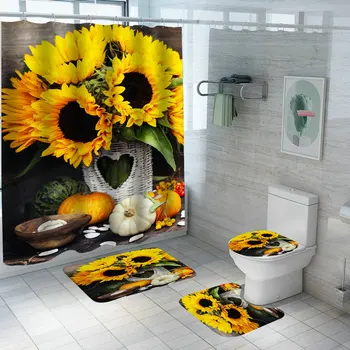Баня Водоустойчиви Нескользящие Полиестер Подложки 3D Жълти слънчогледи с принтом Завеса за душ Набор от тоалетни постелки и Аксесоари за баня 1