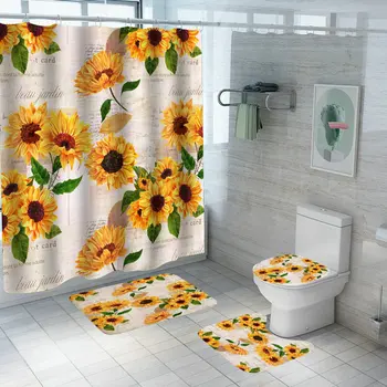 Баня Водоустойчиви Нескользящие Полиестер Подложки 3D Жълти слънчогледи с принтом Завеса за душ Набор от тоалетни постелки и Аксесоари за баня 2