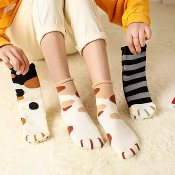 Памучен жакард чорапи Kawaii с котешки лапой за жени, момичета, прекрасни мультяшные забавни чорапи за животни, женски есенно-зимни дебели топли къси чорапи за сън 1