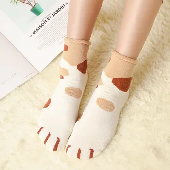 Памучен жакард чорапи Kawaii с котешки лапой за жени, момичета, прекрасни мультяшные забавни чорапи за животни, женски есенно-зимни дебели топли къси чорапи за сън 2
