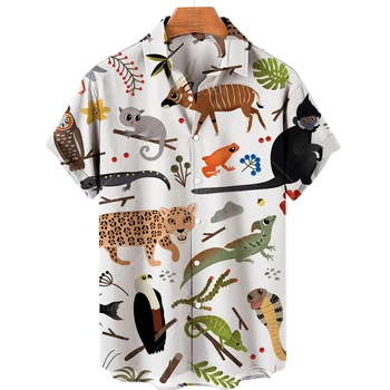 Риза с принтом животни мъжки хавайски хип-хоп свободна риза с къси ръкави Harajuku градинска облекло негабаритная ежедневни облекла 1