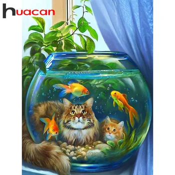 Huacan 5D САМ Диамантена Живопис Изкуство Котка Подарък Диамантена Бродерия Мозайка Картини С Животни На Стената На Риба 1