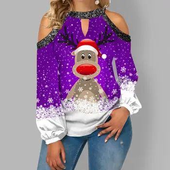 2021 Женски Блуза, пуловер Коледен разпечатки с открити рамене Дамска блуза Есен Halter Выдалбливают С дълъг ръкав Коледни върховете Градинска облекло