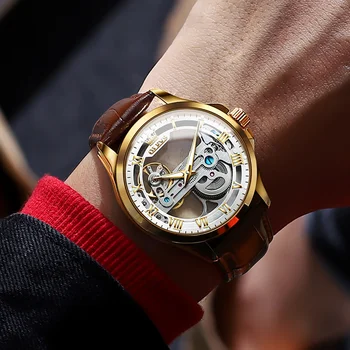 Мъжки механичен часовник OLEVS с водоустойчив кожена каишка, Луксозни Автоматични часовници, Мъжки скелетоны, Светлинен часовник