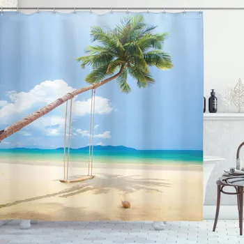 Комплект завеса за душ с океана Снимка на Тропически острови и Палма завеса за декора на банята 12 Куки Декоративен аксесоар за баня