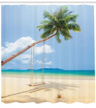 Комплект завеса за душ с океана Снимка на Тропически острови и Палма завеса за декора на банята 12 Куки Декоративен аксесоар за баня 2