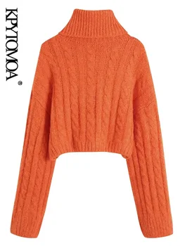 KPYTOMOA Дамска мода Дебела топла зима Съкратен пуловер кабелна тел Ретро пуловер с висока воротом и дълъг ръкав Дамски пуловери шик върха 2