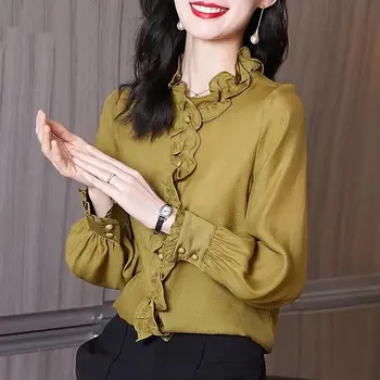 Модни дамски блузи 2021 Пролет Есен Ризи с дълги ръкави и набори на Офис дама Однотонная Ежедневни риза с копчета Дамски дрехи