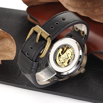 Марка SHENHUA Мъжки часовници-Ретро Бронзов Скелет Автоматични механични часовници Мъжки Кожени Самозаводящиеся Ежедневни часовници Relogio Masculino 1