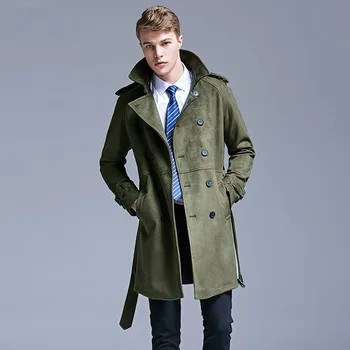 Мъжки тренч Нова Ветровка Британската модна яке от еленова кожа кожа с качулка За по-младите мъже двубортное финото палто със средна дължина 1