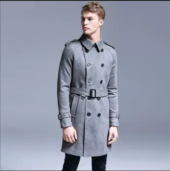 Мъжки тренч Нова Ветровка Британската модна яке от еленова кожа кожа с качулка За по-младите мъже двубортное финото палто със средна дължина 2