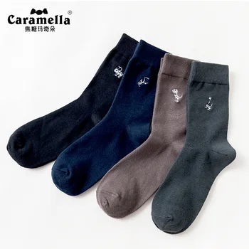 4 Чифта/лот Мъжки чорапи Caramella Чист Цвят Бизнес Чорапи с бродерия с модел на Динозавър Памучни Чорапи със Средна Дължина 2