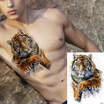 Акварелни Временни Татуировки Лъв За Възрастни Мъже Реалистичен Тигър Вълк в Гората Водоустойчив Фалшив Стикер Татуировки На Гърдите и Тялото 1
