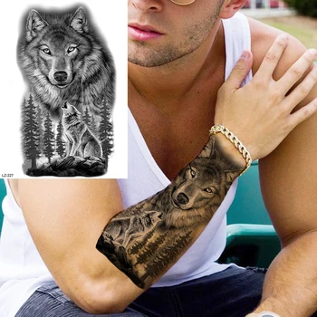 Акварелни Временни Татуировки Лъв За Възрастни Мъже Реалистичен Тигър Вълк в Гората Водоустойчив Фалшив Стикер Татуировки На Гърдите и Тялото 2