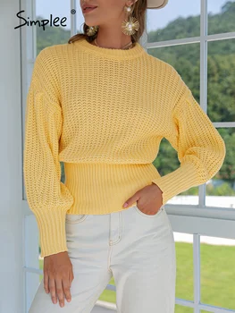 Simplee Случайни о-образно деколте с дълги ръкави зимата вязаный пуловер жена офис еластичен пуловер с отворени ръкави свободни дамски пуловери обикновена
