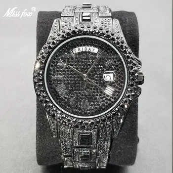 MISSFOX Ice Out Черни мъжки часовник Луксозни Диамантени часовници с дата Ден Модерен Хип-хоп Водоустойчив часовник 2022 Най-продаваният продукт 1