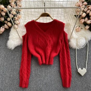 B647 Дамски Нова мода Есен Сладък V-образно деколте с открити рамене Диамантена обрат Кратък пуловер Върховете Ретро Мързелив Пуловер с дълъг ръкав