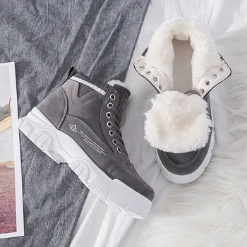 Зимни дамски ботуши от 2021 Модни маратонки дантела Дамски обувки Топли плюшени зимни обувки Обувки, Дамски ботуши на платформа Botas De Mujer 2