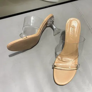 Прозрачни дамски обувки на токчета Летни обувки на висок ток Модерен секси кухи чехли с кръгло бомбе Женски прозрачни токчета се плъзгат вечерни обувки 2