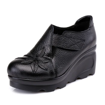 Нов прием на 2022 г. За жените през Есента обувки от естествена кожа на висок ток, ръчно изработени Реколта цвете бродирани обувки на танкетке Дамски обувки-лодка 2