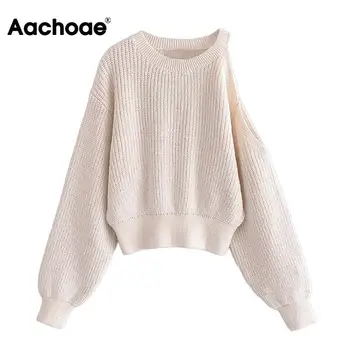 Aachoae Женски елегантен обикновен пуловер Пуловер с едно рамо с дълъг ръкав Съкратен върховете Женски есенно-пролетни възли пуловери