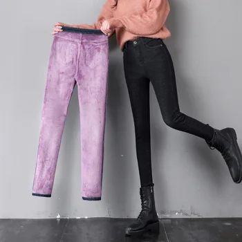 Дамски панталон с висока талия Корейската мода Тънки еластични дамски дънки, Зимни плюс кадифе дебели дънки за момичета Панталон-молив 2