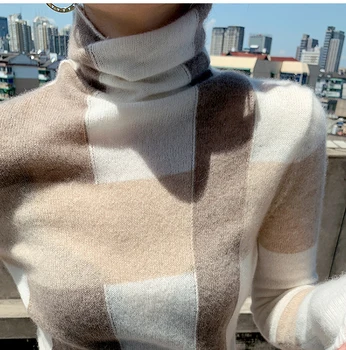 Нов вълнен пуловер за жени с високи воротом, подходящ по цвят пуловер от чиста вълна, Модерен плюс размер, топло вязаный спускане