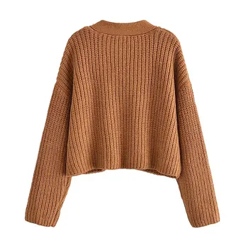 2022 Женски пуловер Мода с джобове на Извънгабаритни съкратен вязаный жилетка EA Реколта дамски връхни дрехи с дълъг ръкав и Шикозни Блузи Скок 1